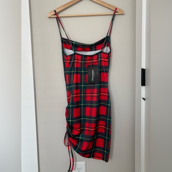 Red Tartan Cowl Neck Ruched Side Bodycon Dress - Picture 2 of 5